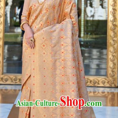 Asian India Festival Bollywood Beige Silk Saree Asia Indian National Dance Costumes Traditional Court Princess Blouse and Sari Dress for Women