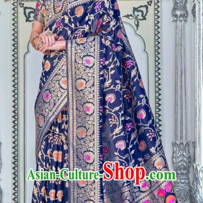 Asian India Festival Bollywood Navy Blue Silk Saree Asia Indian National Dance Costumes Traditional Court Princess Blouse and Sari Dress for Women