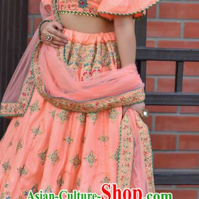 Asian India Wedding Lehenga Costumes Asia Indian Traditional Festival Bride Embroidered Peach Pink Silk Blouse and Skirt and Sari Complete Set