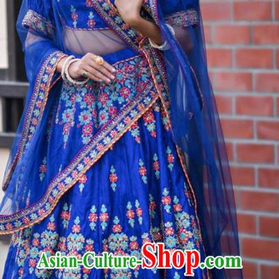 Asian India Wedding Lehenga Costumes Asia Indian Traditional Festival Bride Embroidered Royalblue Silk Blouse and Skirt and Sari Complete Set