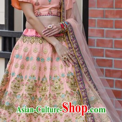 Asian India Wedding Lehenga Costumes Asia Indian Traditional Festival Bride Embroidered Pink Silk Blouse and Skirt and Sari Complete Set