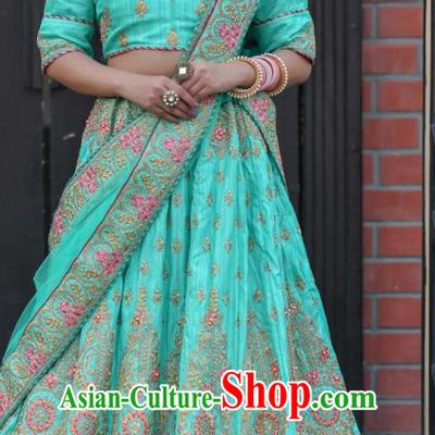 Asian India Wedding Lehenga Costumes Asia Indian Traditional Festival Bride Embroidered Lake Blue Silk Blouse and Skirt and Sari Complete Set