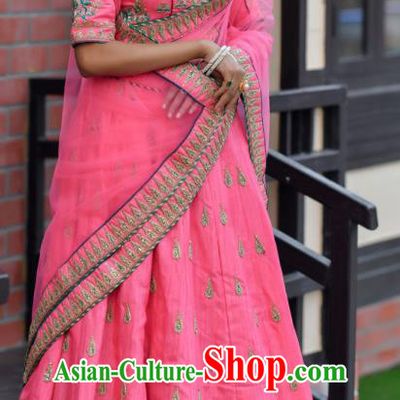 Asian India Wedding Lehenga Costumes Asia Indian Traditional Festival Bride Embroidered Peach Pink Silk Blouse and Skirt and Sari Complete Set