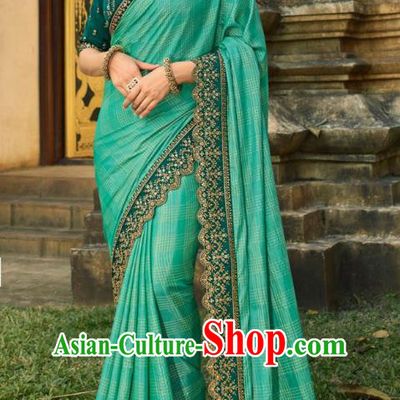 Asian India National Wedding Sea Green Silk Saree Costumes Asia Indian Bride Traditional Blouse and Embroidered Sari Dress for Women