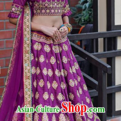 Asian India Wedding Lehenga Costumes Asia Indian Traditional Festival Bride Embroidered Purple Silk Blouse and Skirt and Sari Complete Set