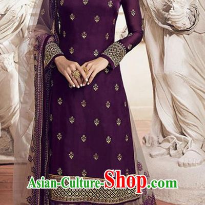 Asian India Traditional Festival Punjab Suits Costumes Asia Indian National Purple Crepe Long Blouse Shawl and Loose Pants Complete Set