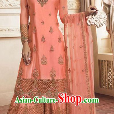 Asian India Traditional Festival Punjab Suits Costumes Asia Indian National Peach Pink Crepe Long Blouse Shawl and Loose Pants Complete Set