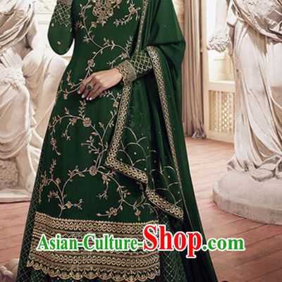 Asian India Traditional Festival Punjab Suits Costumes Asia Indian National Deep Green Crepe Long Blouse Shawl and Loose Pants Complete Set