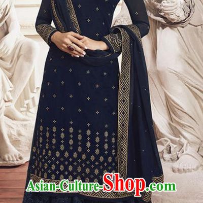 Asian India Traditional Festival Punjab Suits Costumes Asia Indian National Navy Crepe Long Blouse Shawl and Loose Pants Complete Set