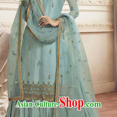Asian India Traditional Festival Punjab Suits Costumes Asia Indian National Light Blue Crepe Long Blouse Shawl and Loose Pants Complete Set