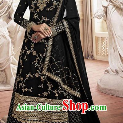 Asian India Traditional Festival Punjab Suits Costumes Asia Indian National Black Crepe Long Blouse Shawl and Loose Pants Complete Set