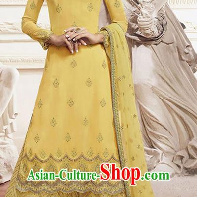 Asian India Traditional Festival Punjab Suits Costumes Asia Indian National Yellow Crepe Long Blouse Shawl and Loose Pants Complete Set
