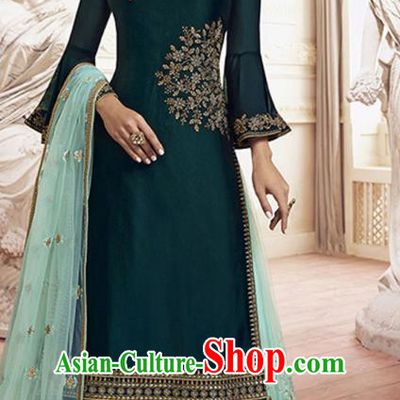 Asian India Traditional Festival Punjab Suits Costumes Asia Indian National Teal Crepe Long Blouse Shawl and Loose Pants Complete Set