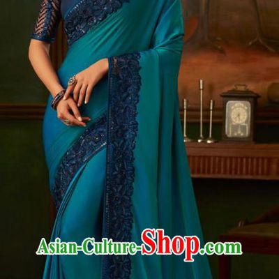 Asian India Bollywood Blue Silk Saree Dress Asia Indian National Festival Dance Costumes Traditional Court Female Blouse and Sari Full Set
