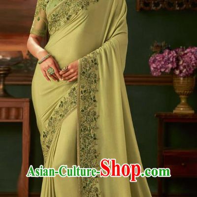 Asian India Bollywood Light Green Silk Saree Dress Asia Indian National Festival Dance Costumes Traditional Court Female Blouse and Sari Full Set