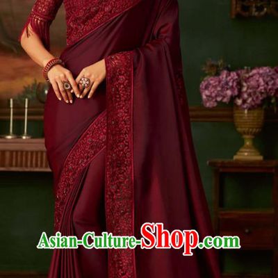 Asian India Bollywood Maroon Silk Saree Dress Asia Indian National Festival Dance Costumes Traditional Court Female Blouse and Sari Full Set