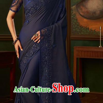 Asian India Bollywood Navy Blue Silk Saree Dress Asia Indian National Festival Dance Costumes Traditional Court Female Blouse and Sari Full Set