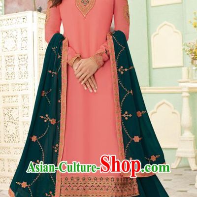 Asian India Traditional Lehenga Costumes Asia Indian National Folk Dance Pink Georgette Sari Dress and Deep Green Skirt Complete Set