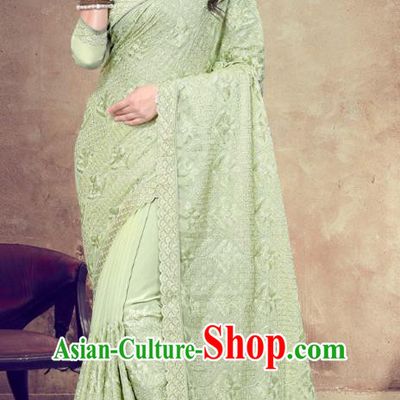 Asian India Festival Bollywood Light Green Georgette Saree Dress Asia Indian National Dance Costumes Traditional Court Princess Blouse and Sari Full Set