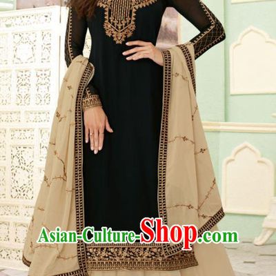 Asian India Traditional Lehenga Costumes Asia Indian National Folk Dance Black Georgette Sari Dress and Beige Skirt Complete Set