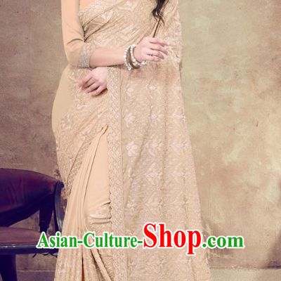 Asian India Festival Bollywood Apricot Georgette Saree Dress Asia Indian National Dance Costumes Traditional Court Princess Blouse and Sari Full Set