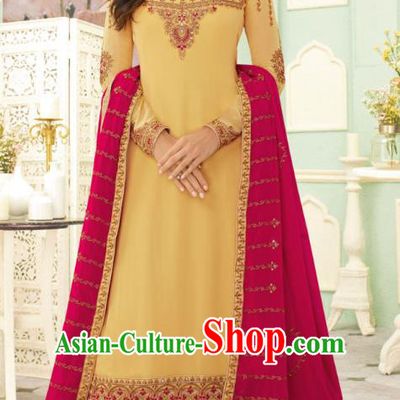 Asian India Traditional Lehenga Costumes Asia Indian National Folk Dance Yellow Georgette Sari Dress and Rosy Skirt Complete Set