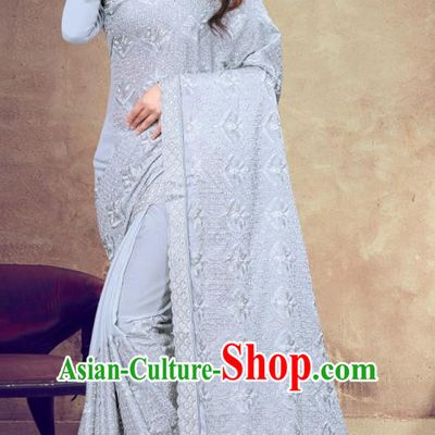 Asian India Festival Bollywood Light Blue Georgette Saree Dress Asia Indian National Dance Costumes Traditional Court Princess Blouse and Sari Full Set
