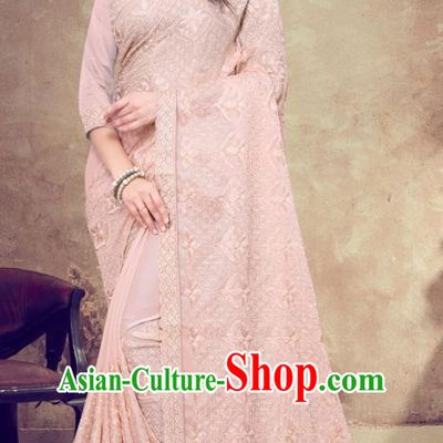 Asian India Festival Bollywood Light Pink Georgette Saree Dress Asia Indian National Dance Costumes Traditional Court Princess Blouse and Sari Full Set