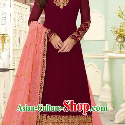 Asian India Traditional Lehenga Costumes Asia Indian National Folk Dance Wine Red Georgette Sari Dress and Pink Skirt Complete Set