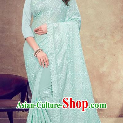 Asian India Festival Bollywood Lake Blue Georgette Saree Dress Asia Indian National Dance Costumes Traditional Court Princess Blouse and Sari Full Set