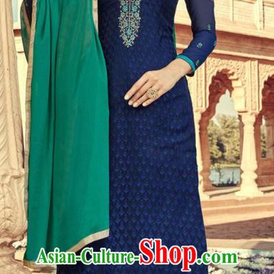Asian India Traditional Suits Costumes Asia Indian National Folk Dance Navy Viscose Long Blouse and Loose Pants Shawl Complete Set