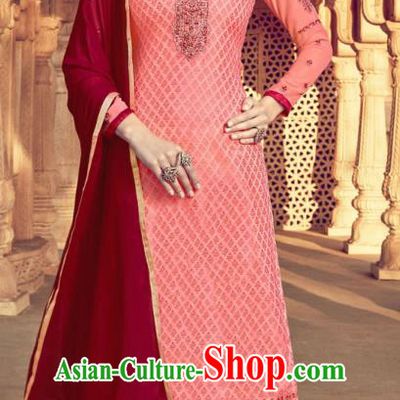 Asian India Traditional Suits Costumes Asia Indian National Folk Dance Pink Viscose Long Blouse and Loose Pants Shawl Complete Set