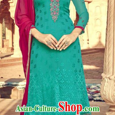 Asian India Traditional Suits Costumes Asia Indian National Folk Dance Green Viscose Long Blouse and Loose Pants Shawl Complete Set