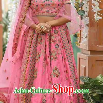Asian India National Wedding Lehenga Costumes Asia Indian Bride Traditional Pink Silk Blouse and Embroidered Skirt Sari for Women
