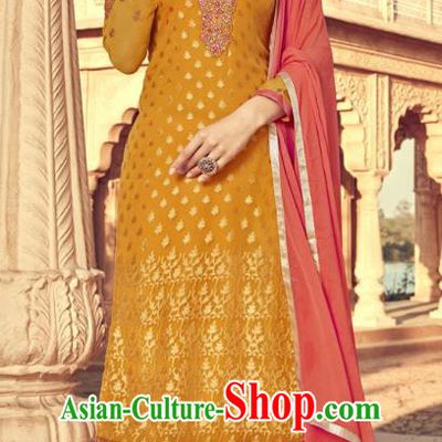 Asian India Traditional Suits Costumes Asia Indian National Folk Dance Orange Viscose Long Blouse and Loose Pants Shawl Complete Set