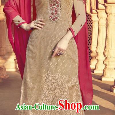 Asian India Traditional Suits Costumes Asia Indian National Folk Dance Light Brown Viscose Long Blouse and Loose Pants Shawl Complete Set