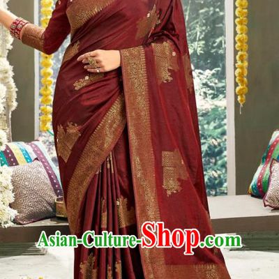 Asian India National Bollywood Maroon Silk Saree Costumes Asia Indian Bride Traditional Blouse and Sari Dress for Women