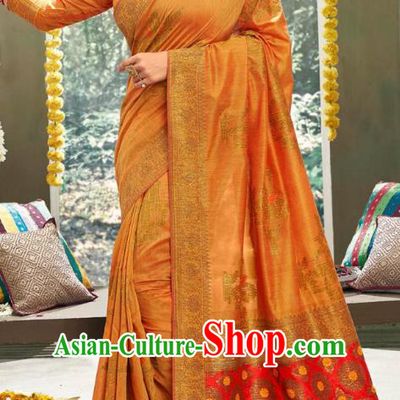 Asian India National Bollywood Orange Silk Saree Costumes Asia Indian Bride Traditional Blouse and Sari Dress for Women