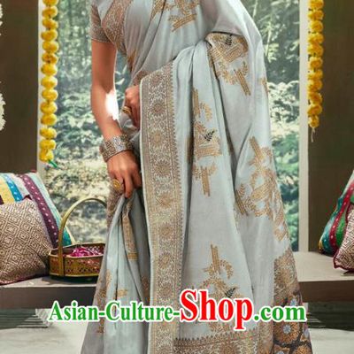 Asian India National Bollywood Gray Silk Saree Costumes Asia Indian Bride Traditional Blouse and Sari Dress for Women