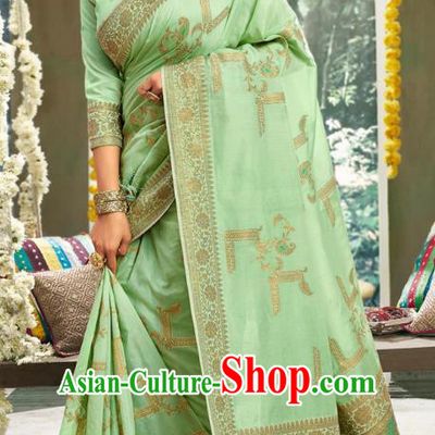 Asian India National Bollywood Light Green Silk Saree Costumes Asia Indian Bride Traditional Blouse and Sari Dress for Women