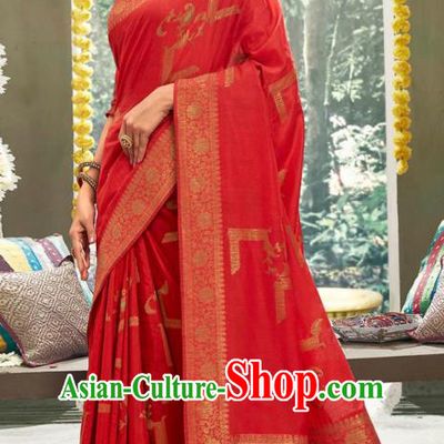 Asian India National Bollywood Red Silk Saree Costumes Asia Indian Bride Traditional Blouse and Sari Dress for Women