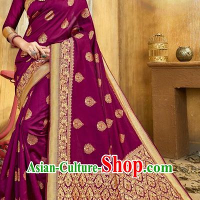 Asian India National Bollywood Purple Silk Saree Costumes Asia Indian Princess Traditional Blouse and Sari Dress for Women