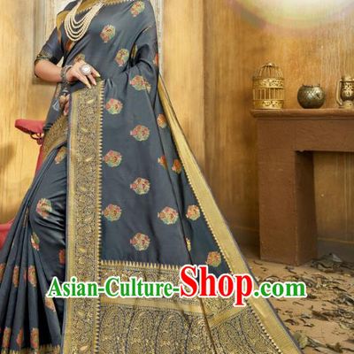 Asian India National Bollywood Grey Silk Saree Costumes Asia Indian Princess Traditional Blouse and Sari Dress for Women