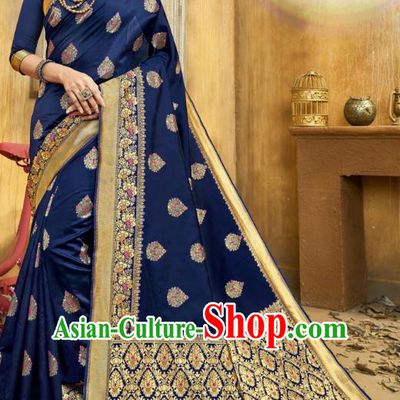 Asian India National Bollywood Deep Blue Silk Saree Costumes Asia Indian Princess Traditional Blouse and Sari Dress for Women
