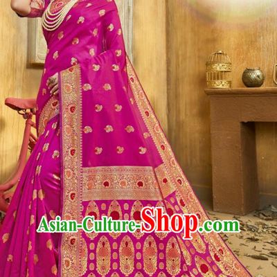 Asian India National Bollywood Dance Rosy Silk Saree Costumes Asia Indian Princess Traditional Blouse and Sari Dress for Women