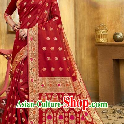 Asian India National Bollywood Dance Red Silk Saree Costumes Asia Indian Princess Traditional Blouse and Sari Dress for Women