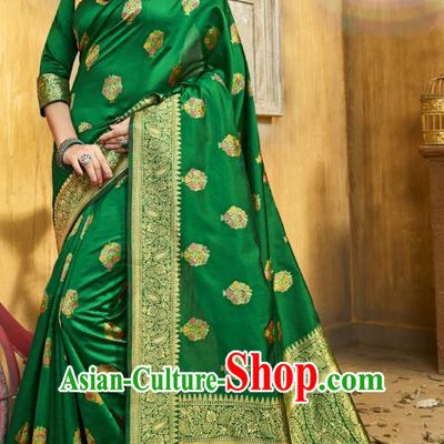 Asian India National Bollywood Dance Green Silk Saree Costumes Asia Indian Princess Traditional Blouse and Sari Dress for Women