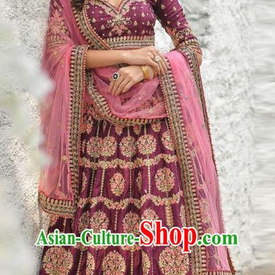 Asian India National Wedding Lehenga Costumes Asia Indian Bride Traditional Purple Silk Blouse and Embroidered Skirt Sari for Women