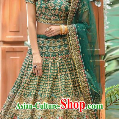 Asian India National Wedding Lehenga Costumes Asia Indian Bride Traditional Green Silk Blouse and Embroidered Skirt Sari for Women