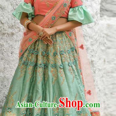 Asian India National Wedding Lehenga Costumes Asia Indian Bride Traditional Pink Silk Blouse and Embroidered Light Green Skirt Sari for Women